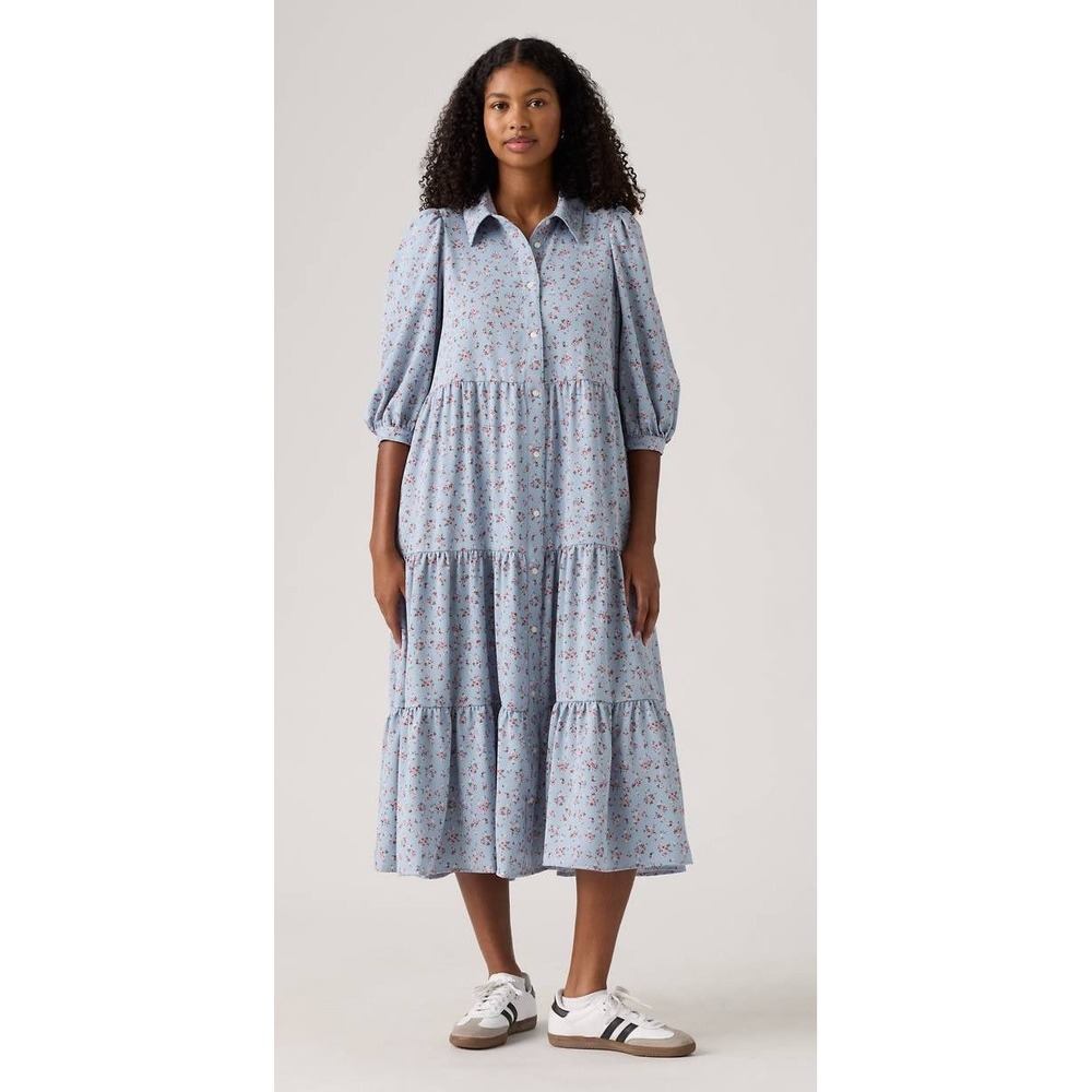 Levi's Cynthia Midi Dress Women Medium Blue Floral Button Front Prairiecore Boho